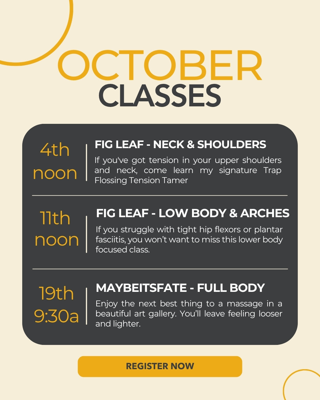 Promotional flyer for October 2025 group classes with event details
