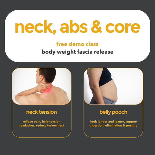 Advertisement for a free unwind body works demo class on body weight fascia release targeting neck, abs, and core with images of a person holding their neck and another showing a belly pooch.